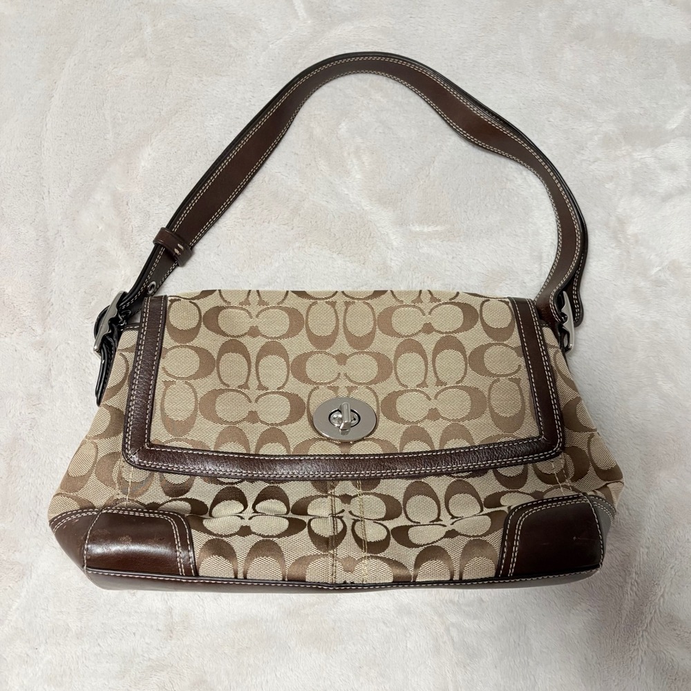 Y2K Vintage Coach Signature Canvas Shoulder Bag Womens Brown F13972 Turnlock